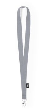 A grey lanyard with a clip, featuring a simple design and a logo at the base. Ideal for events and exhibitions.