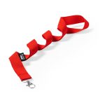A red lanyard with a silver clip and a tag, designed for holding IDs or promotional items.