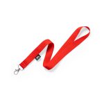 A red lanyard with a metal clip, featuring a logo, suitable for exhibitions and events.