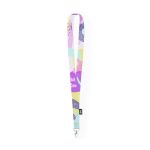 A colourful lanyard featuring a mix of pastel shades and abstract patterns, complete with a clip for attachment.