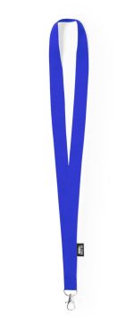 A blue lanyard with a clip at one end, featuring a branding label.