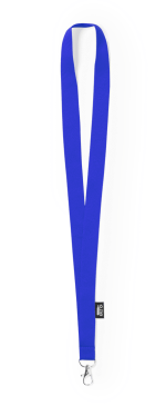 A blue lanyard with a clip at the end, featuring a logo on the side. Suitable for exhibitions and events.