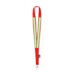 A red lanyard with reflective stripes and a metal clip for attachment. It has branding on one side.
