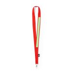 A red lanyard with a reflective strip and a clip for attaching items. It features a logo.