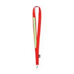 A red lanyard with a reflective strip and a clip at the end. It features a logo.