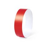 A red wristband with a glossy finish, featuring a simple design and a blank space for customisation.