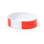 A red and white wristband featuring a blank section, suitable for events and exhibitions.