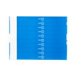 A series of blue wristbands with a white section, featuring a logo on each band.
