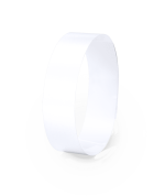 A white wristband with a smooth surface, featuring a simple design and a logo.