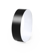 A black wristband with a smooth finish, designed for events. It features a simple, solid design with a white interior.