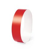 A red wristband with a smooth, glossy finish; features a simple design and has a logo.