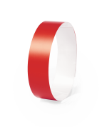 A red wristband with a smooth surface and an inner white lining, featuring a logo.