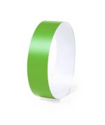 A green wristband with a smooth, glossy finish, featuring a plain design and a white interior.
