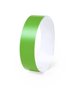 A green wristband displayed upright, featuring a smooth finish and a white interior. It has a logo on one side.