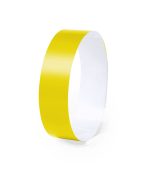 A yellow wristband with a smooth finish, designed for events and exhibitions, featuring a logo.