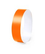 An orange wristband with a smooth finish, designed for events and exhibitions. It features a simple design and has a logo.