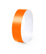 An orange wristband with a white inner surface, featuring a logo on the outer side.