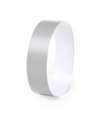 A silver wristband with a smooth, glossy finish, designed for events and exhibitions. It has a simple, unprinted design.