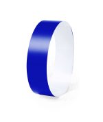 A blue wristband with a smooth surface, featuring a plain design and a logo on one side.