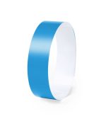A blue event wristband with a glossy finish and a white interior, featuring a logo.
