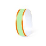 A mint green wristband with orange stripes and a logo, designed for events and exhibitions.