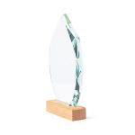 A clear, faceted glass plaque with a wooden base, showcasing elegant design and modern aesthetics.