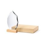 A clear crystal award with a wooden base, displayed beside a plain brown box.
