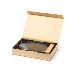A glass plaque with a wooden base, presented in a gift box lined with black fabric.