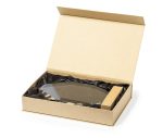 A rectangular glass plaque in a box with a wooden base, featuring a soft lining in black.