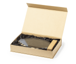 A Pulman Plaque displayed in a gift box, featuring an oval glass award with a wooden base.
