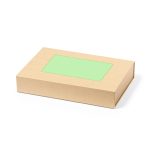 A kraft cardboard box with a green label space on top, suitable for packaging.