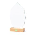 A clear, geometric trophy with a wooden base, featuring a subtle green accent. Ideal for awards and recognition.