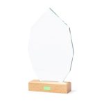 A clear, octagonal glass plaque with a wooden base, featuring a logo on the front.
