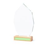 A clear, geometric award plaque mounted on a wooden base, featuring a subtle green accent.