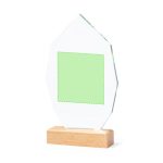 An angled, clear glass plaque with a wooden base, featuring a blank area for customisation.