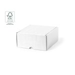 A white gift box with a simple design, featuring an FSC logo for responsible forestry. Suitable for various uses.
