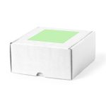 A white gift box with a green square on top, featuring a logo. Suitable for various items.