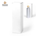 A white gift box made of recycled cardboard with a silver drink bottle beside it.