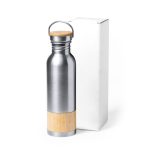 A stainless steel drink bottle with a bamboo base, accompanied by a white gift box.