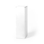 A tall, white gift box with a flat top and a glossy finish, featuring a logo on one side.