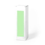 A tall, rectangular white gift box featuring a green accent panel and a logo on the front.