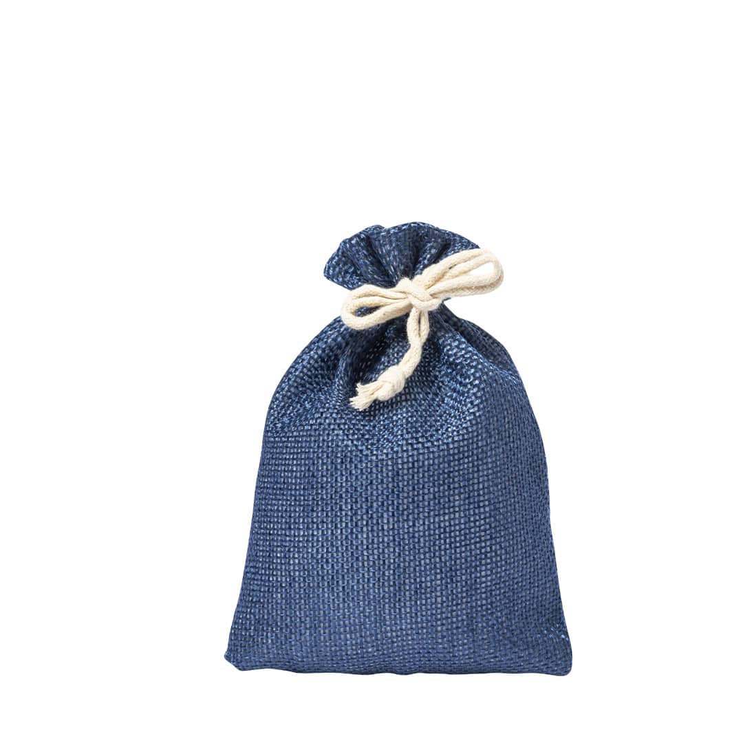 A drawstring bag in a deep blue colour with a cream-coloured rope tie, featuring a subtle woven texture. A drawstring bag in a deep blue colour with a cream-coloured rope tie, featuring a subtle woven texture.