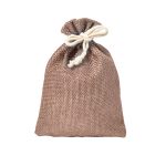 A brown drawstring bag with a beige cord closure, featuring a simple textured design and a logo.