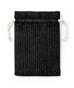 A drawstring bag in black fabric featuring a logo, with a textured surface and natural drawstrings.