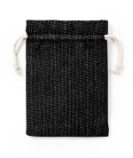 A black drawstring bag with a textured surface and white drawstrings. It features a branding logo.