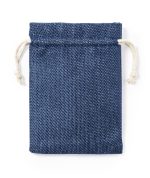 A navy blue drawstring bag made of textured fabric, featuring a natural string closure and a simple design.