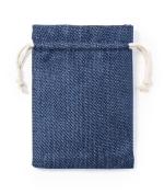 A blue drawstring bag with a textured surface and natural coloured drawstrings, featuring a branding logo.