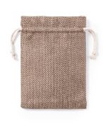 A drawstring bag in a natural brown colour, featuring a textured fabric and cord closures.