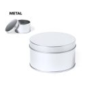 A metal gift box in a cylindrical shape, featuring a smooth silver finish and a removable lid.