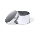 A silver tin box with a removable lid, featuring a smooth, shiny finish.